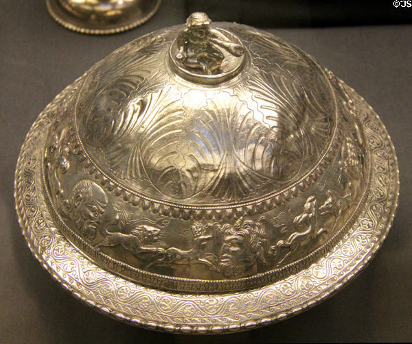 Roman flanged silver bowl & cover with Bacchic scene (3rd-4thC CE) part of Mildenhall Treasure with piece made in Gaul at British Museum. London, United Kingdom.