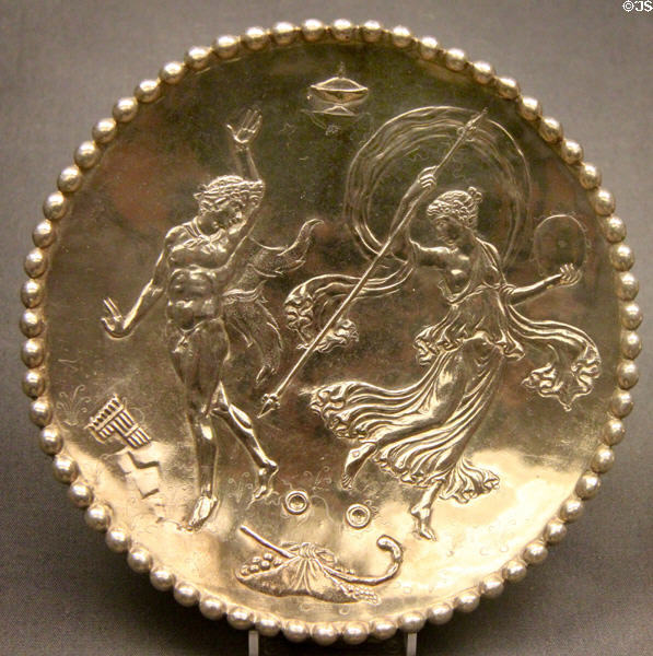 Roman silver platter with Bacchic scene (4thC CE) part of Mildenhall Treasure at British Museum. London, United Kingdom.