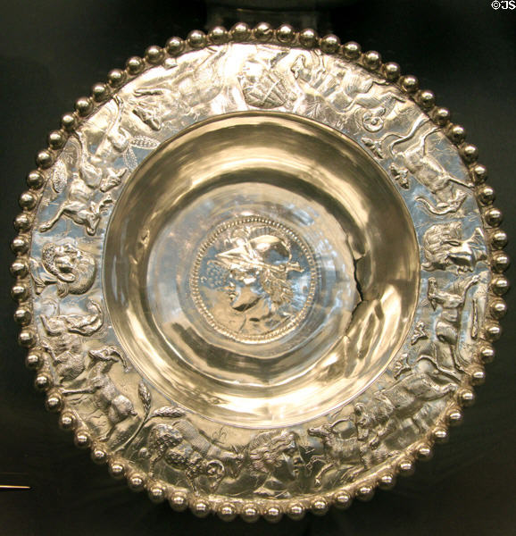 Roman flanged silver bowl with hunting scene (4thC CE) part of Mildenhall Treasure at British Museum. London, United Kingdom.