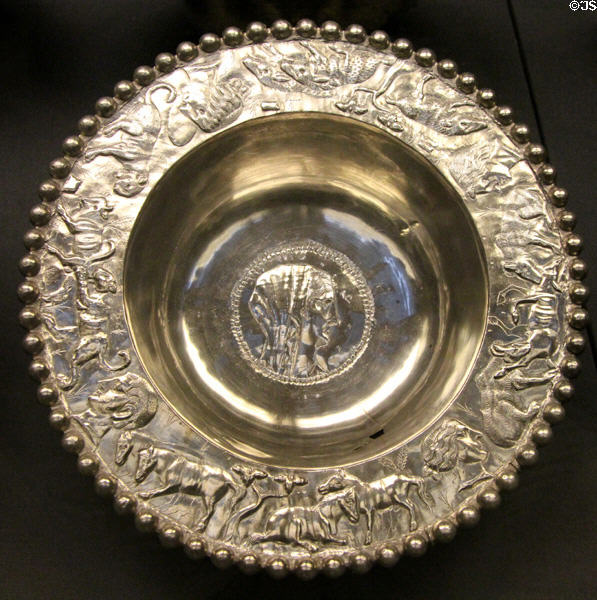 Roman flanged silver bowl with hunting scene (4thC CE) part of Mildenhall Treasure at British Museum. London, United Kingdom.