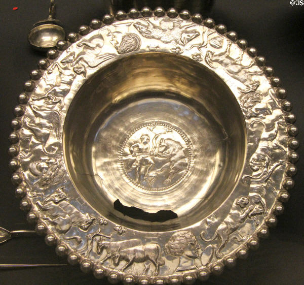 Roman flanged silver bowl with hunting scene (4thC CE) part of Mildenhall Treasure at British Museum. London, United Kingdom.