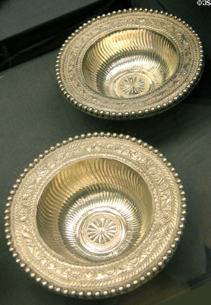 Roman small simple flanged silver bowls (4thC CE) part of Mildenhall Treasure at British Museum. London, United Kingdom.