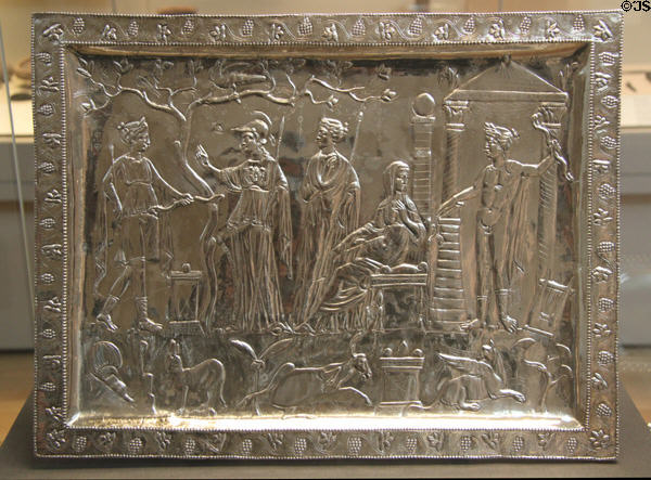 Roman silver Corbridge lanx (Latin for tray) with shrine to Apollo scene (late 4thC CE) found on bank of River Tyne near Hadrian's Wall in 1735 at British Museum. London, United Kingdom.