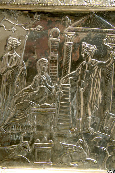 Detail of Roman silver Corbridge lanx (Latin for tray) with shrine to Apollo scene (late 4thC CE) at British Museum. London, United Kingdom.