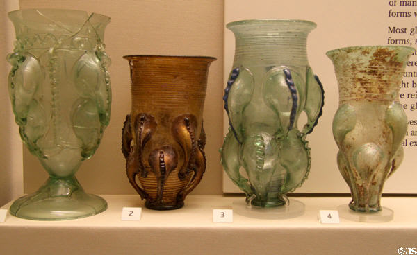 Anglo-Saxon blown glass claw beakers (5th-6thC) from 4 English sites at British Museum. London, United Kingdom.