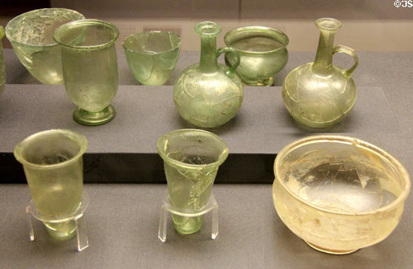 Anglo-Saxon set of glass vessels (early 5thC) from Burgh Castle, Norfolk at British Museum. London, United Kingdom.