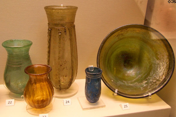 Anglo-Saxon glass grave vessels (6th-7thC) from Kent, England at British Museum. London, United Kingdom.