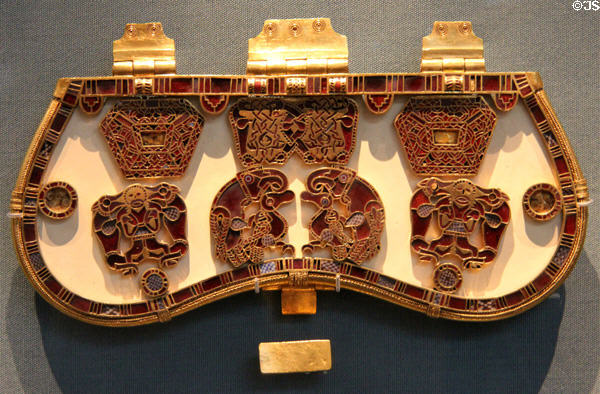 Anglo-Saxon purse lid with plaques of gold, cloisonné garnets & glass (early 600s) from Sutton Hoo ship burial site at British Museum. London, United Kingdom.