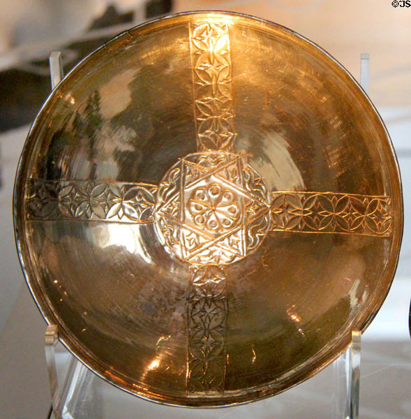 Shallow silver bowl imported from Eastern Mediterranean (500s-600s) from Anglo-Saxon Sutton Hoo ship burial site at British Museum. London, United Kingdom.