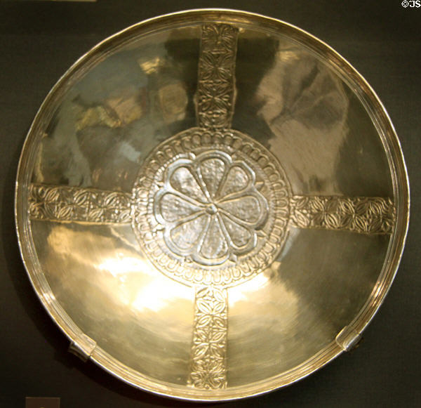 Shallow silver bowl imported from Eastern Mediterranean (500s-600s) from Anglo-Saxon Sutton Hoo ship burial site at British Museum. London, United Kingdom.