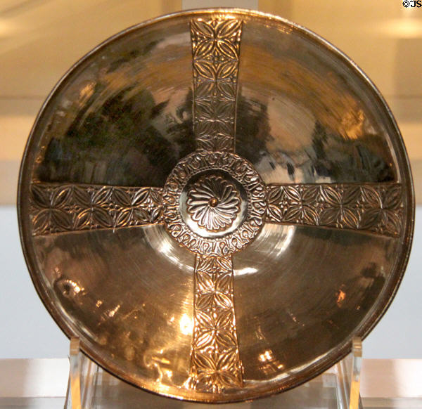 Shallow silver bowl imported from Eastern Mediterranean (500s-600s) from Anglo-Saxon Sutton Hoo ship burial site at British Museum. London, United Kingdom.