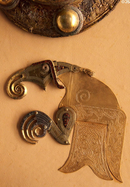 Anglo-Saxon copper alloy shield-mount in form of bird (early 7thC) from Anglo-Saxon Sutton Hoo ship burial site at British Museum. London, United Kingdom.