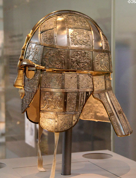 Replica of Anglo-Saxon helmet starting with Sutton Hoo ship burial helmet (early 600) using Scandinavian, Germanic & Roman motifs at British Museum. London, United Kingdom.