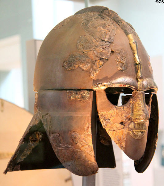 Anglo-Saxon reconstructed helmet (similar to ones from Sweden) from Sutton Hoo ship burial (early 600) site at British Museum. London, United Kingdom.