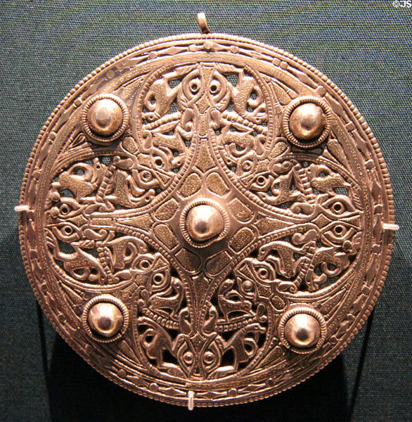 Anglo-Saxon silver Strickland Brooch (800s) at British Museum. London, United Kingdom.