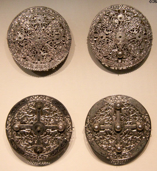 Anglo-Saxon silver brooches (early 600s) from Pentney, Norfolk, England at British Museum. London, United Kingdom.