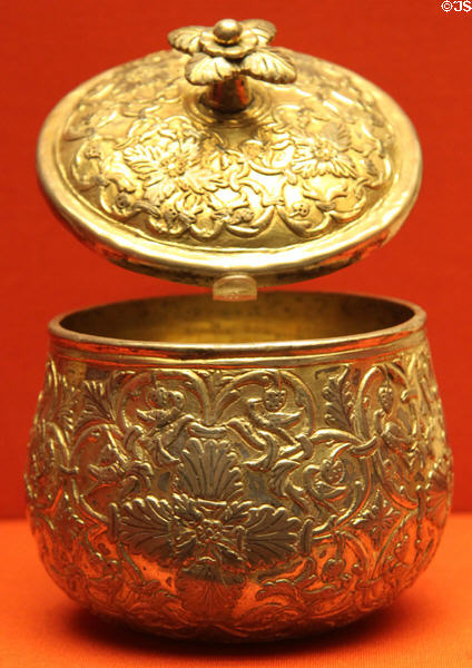 Carolingian gilded silver pyx with lid (9thC) said to be found in Spain at British Museum. London, United Kingdom.