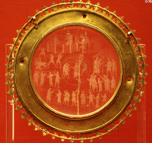 Carolingian style engraved crystal with scenes of Susanna in Apocrypha (aka Lothair Crystal) (prob.855-869) in Medieval frame commissioned by Lothar King of Franks at British Museum. London, United Kingdom.