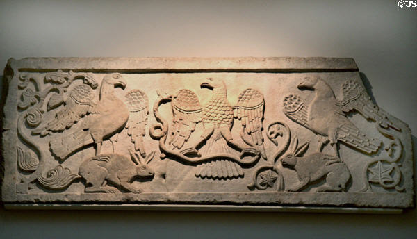 Byzantine marble panel carved with eagle fighting serpent (c900-1000) prob. from Constantinople at British Museum. London, United Kingdom.