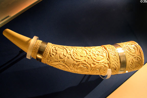 Carved oliphant (elephant ivory hunting horn) (c1000-1100) possibly from southern Italy or Egypt at British Museum. London, United Kingdom.