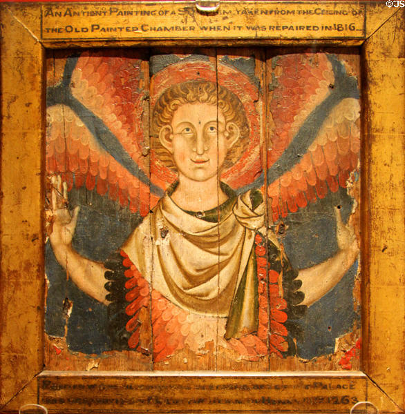 Painted ceiling panel of saint from King Henry III bedchamber in Westminster Palace (1263-4) at British Museum. London, United Kingdom.