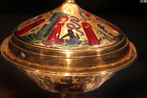 St Agnes imprisoned in brothel after refusing to marry Procopius who then attempts to rape her, but a demon strangles him shown on Royal gold cup (c1370-80) from Paris at British Museum. London, United Kingdom.