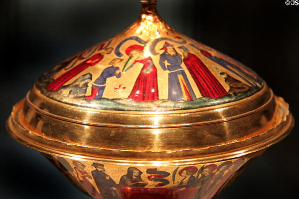 St Agnes restore Procopius to life & converts him to Christianity after which pagan priests accuse her of witchcraft shown on Royal gold cup (c1370-80) from Paris at British Museum. London, United Kingdom.