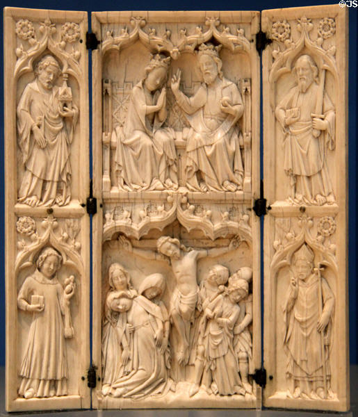 Ivory John Grandison triptych Crucifixion with saints including Thomas Becket (c1330) from England at British Museum. London, United Kingdom.