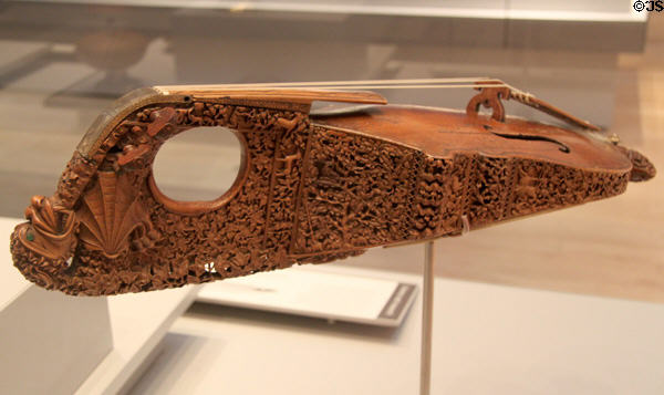 Medieval carved stringed citole (c1300-30) from England at British Museum. London, United Kingdom.