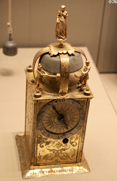 Table clock with alarm (mid 1500s) from Flanders at British Museum. London, United Kingdom.