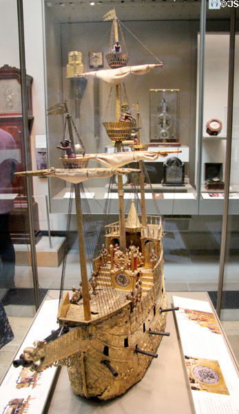 Clockwork automaton in form of medieval galleon which would travel across dining table then fire all its cannons (c1585) by Hans Schlottheim of Augsburg, Germany at British Museum. London, United Kingdom.