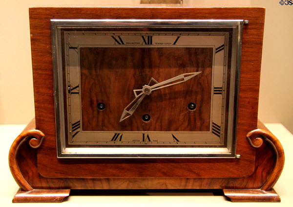 Art Deco mantel clock (c1930) by Clarion Clock Co for Bravingtons retail jewelers, London at British Museum. London, United Kingdom.