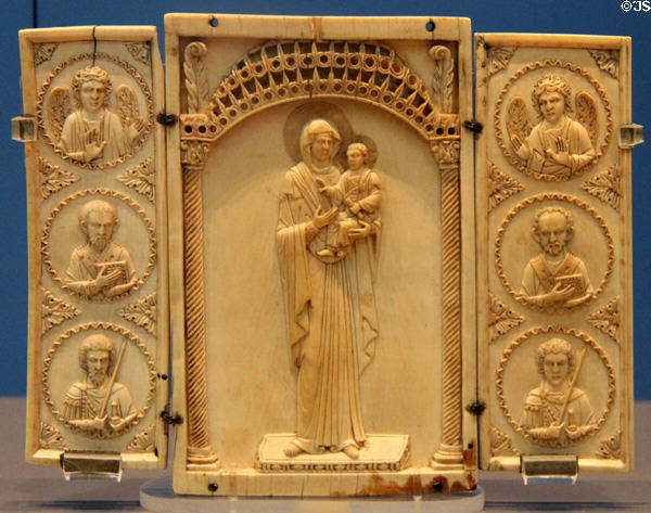 Byzantine ivory triptych Virgin & Child surrounded by angels & saints (900-1000) at British Museum. London, United Kingdom.