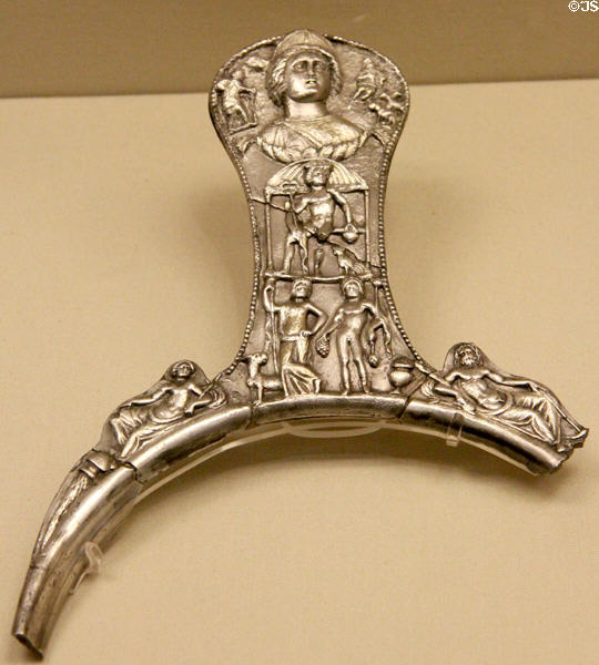Roman era silver vessel handle decorated with Juno, Mercury, Bacchus & Ariadne (2ndC-3rdC CE) found Capheaton, Northumberland at British Museum. London, United Kingdom.