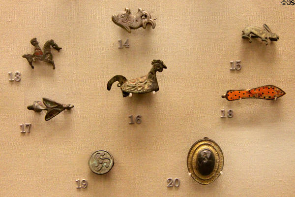 Collection of Roman era brooches (1stC-3rdC CE) found in Britain at British Museum. London, United Kingdom.