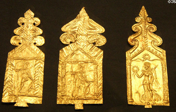 Gold votive plaques showing goddess Minerva in Ashwell Hoard (late 3rdC-4thC) at British Museum. London, United Kingdom.