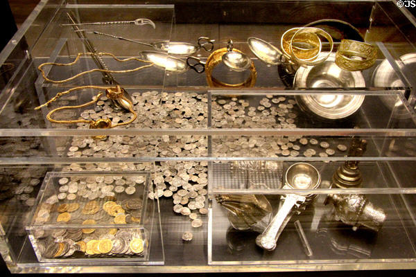 Roman era Hoxne Hoard contained over 15,000 gold & silver coins plus other treasures (buried after 407-8 CE) from Suffolk at British Museum. London, United Kingdom.