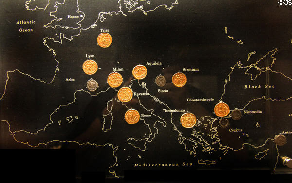 Roman era Hoxne Treasure coins placed on map to show origin of hoard at British Museum. London, United Kingdom.