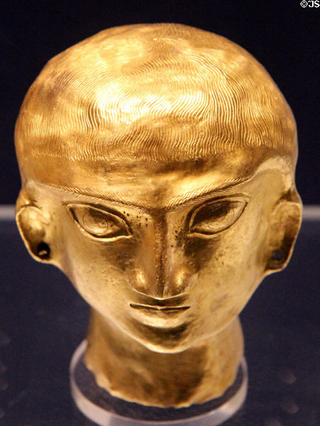 Gold Achaemenid culture head (5thC-4thC BCE) found in Oxus River Treasure, Tajikistan at British Museum. London, United Kingdom.