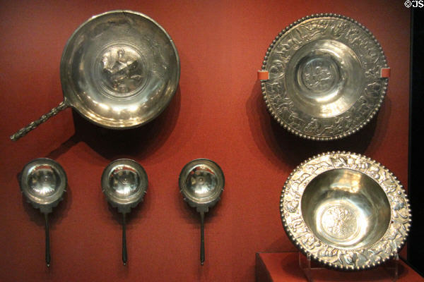 Late Roman silver bowls & spoons (300s-400s CE) from Carthage Treasure at British Museum. London, United Kingdom.