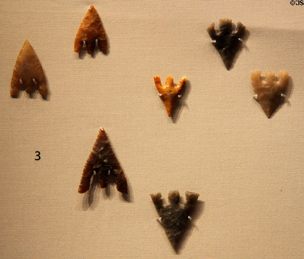 Copper Age / Early Bronze Age barbed & tanged arrowheads (c2500-1500 BCE) found in Suffolk, England at British Museum. London, United Kingdom.