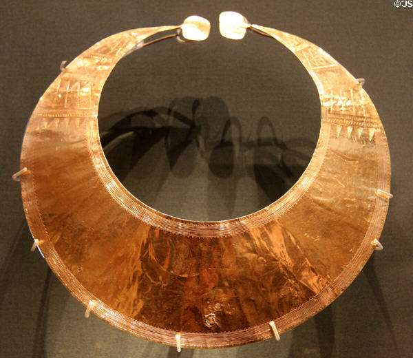 Copper Age / Early Bronze Age gold Irish lunula (c2400-2000 BCE) found in Wicklow, Ireland at British Museum. London, United Kingdom.