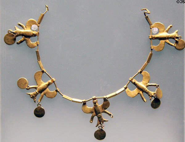 Gold necklace with flying eagles holding pendant discs (14th-13thC BC) from Turkey at British Museum. London, United Kingdom.