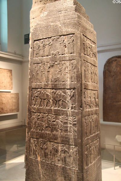 Black Obelisk of King Shalmaneser III of Assyria (c827 BCE) from Nimrud on which relief panels records tributes made to him by foreign kings at British Museum. London, United Kingdom.