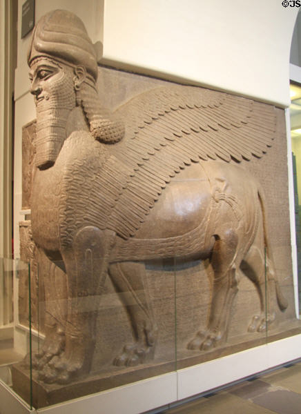 Assyrian human-headed winged lion (c865-860 BCE) guarding doorway of North-West Palace from Nimrud at British Museum. London, United Kingdom.