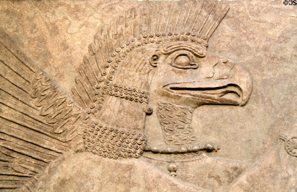 Detail of Assyrian eagle-headed protective spirit (c865-860 BCE) guarding doorway of North-West Palace from Nimrud at British Museum. London, United Kingdom.