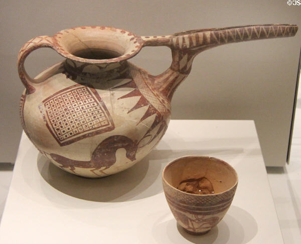 Spouted pottery jar painted with square with dots & bull (10th-9thC BCE) excavated from Tepe Sialk in central Iran at British Museum. London, United Kingdom.