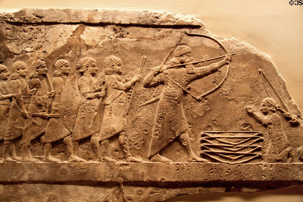 Assyrian carved panel shows lion hunt scene (c645-635 BCE) from North Palace of Nineveh at British Museum. London, United Kingdom.