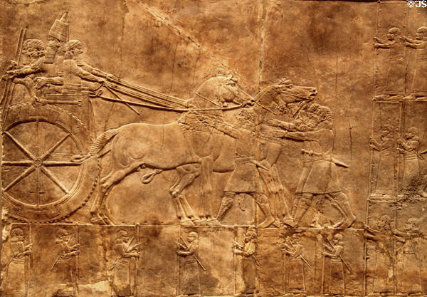 Assyrian carved panel shows lion hunt by chariot (c645-635 BCE) from North Palace of Nineveh at British Museum. London, United Kingdom.