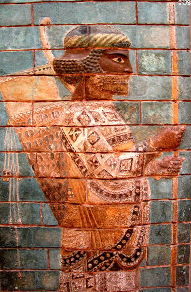 Detail of glazed brick guardsman (521-500 BCE) excavated from Palace of Susa, Iran at British Museum. London, United Kingdom.